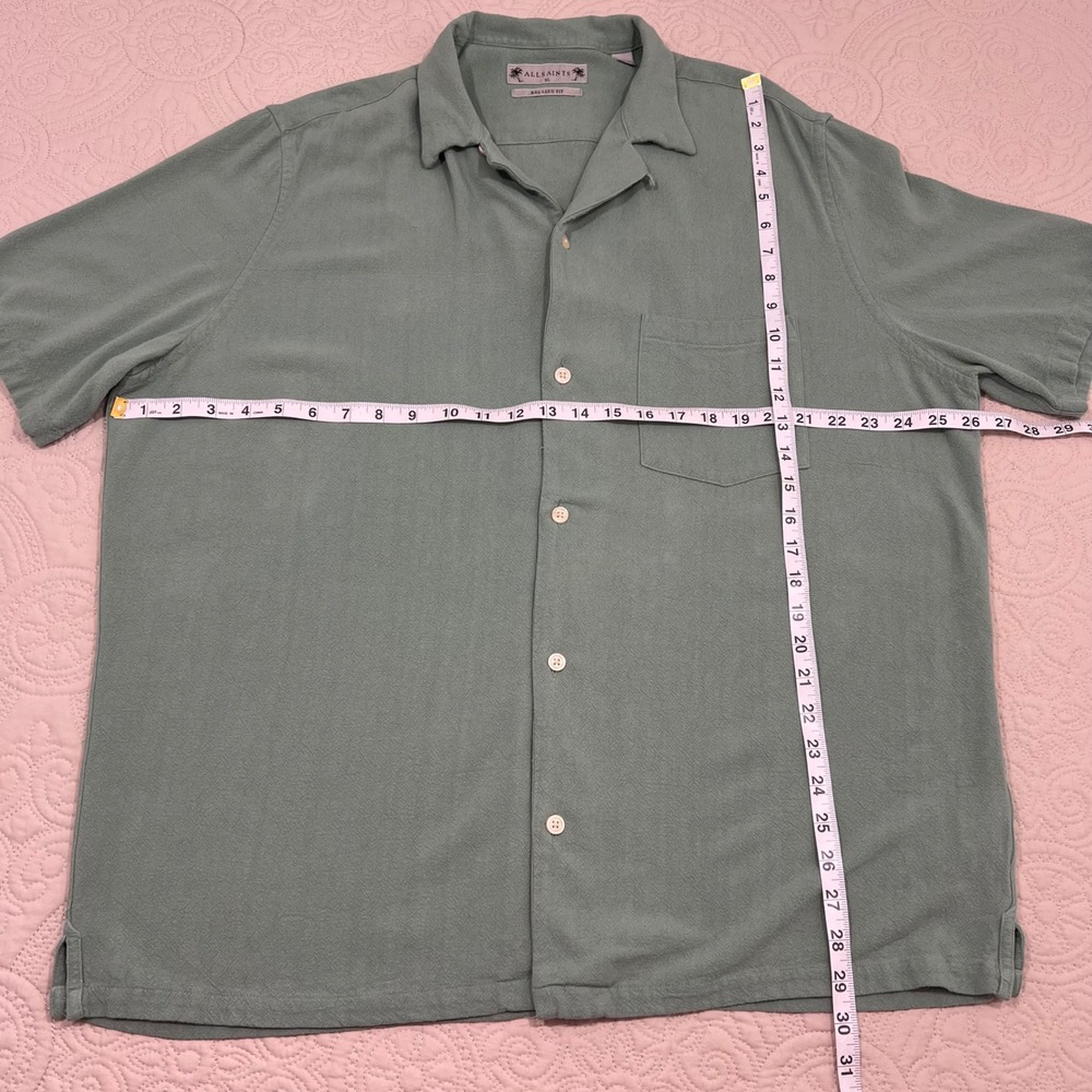 AllSaints Relaxed Fit Cudi Camp Collar Shirt Sage Green Mens XL Linen Blend - Picture 6 of 9